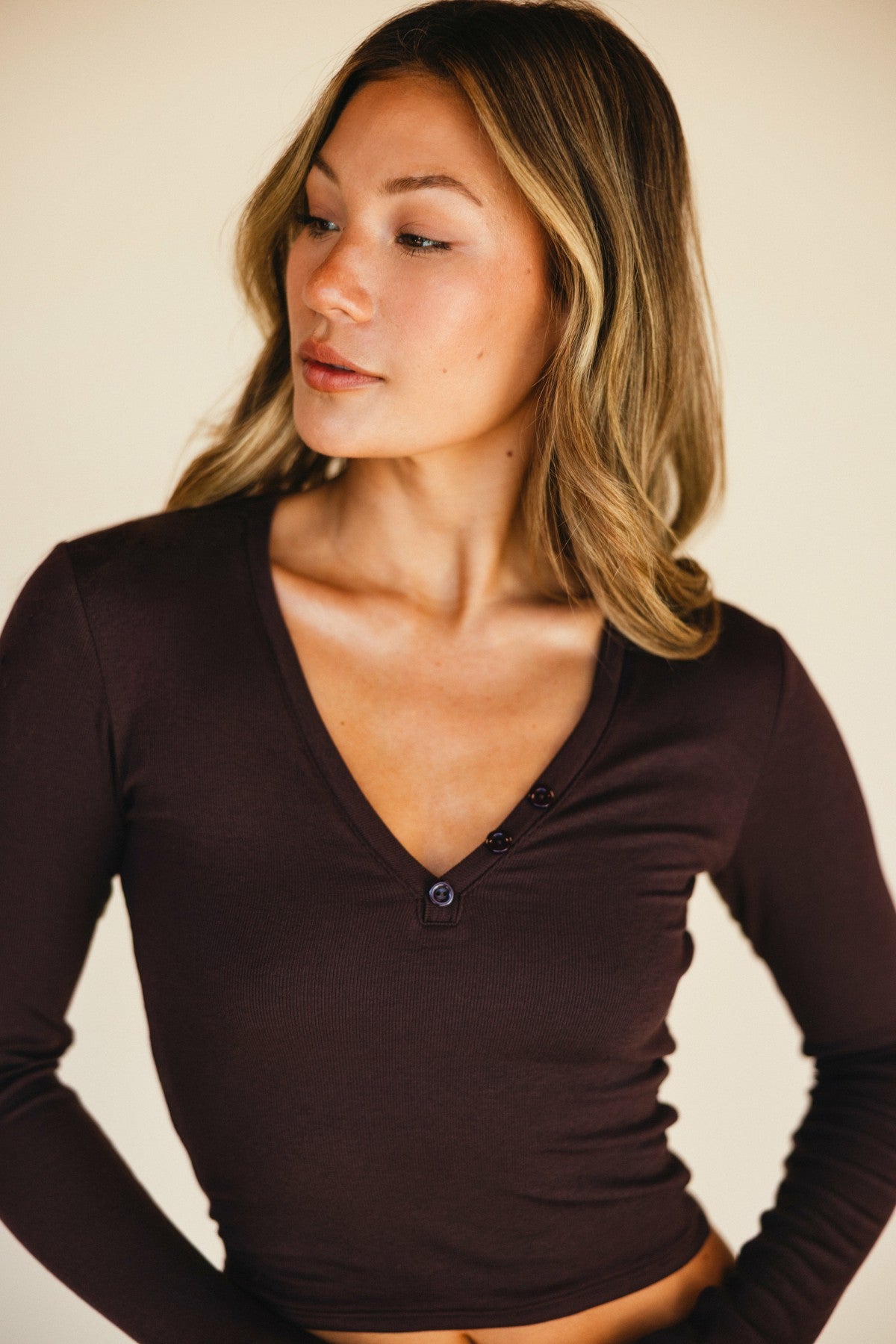 Skatie Henley Top Baby Ribbed in Toasted - Clothing