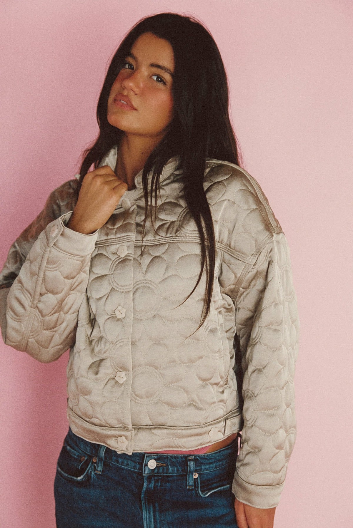 Skatie Quilted Bomber Jacket in Daisy - Clothing