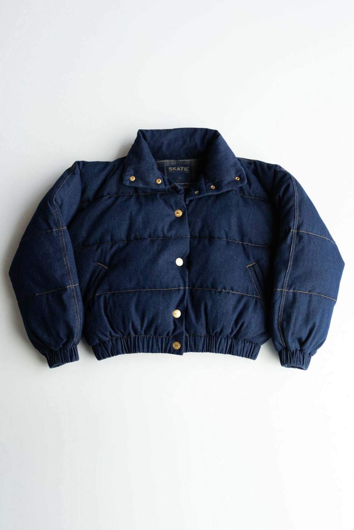 Skatie Denim Puffer Jacket in Raw Denim - Clothing