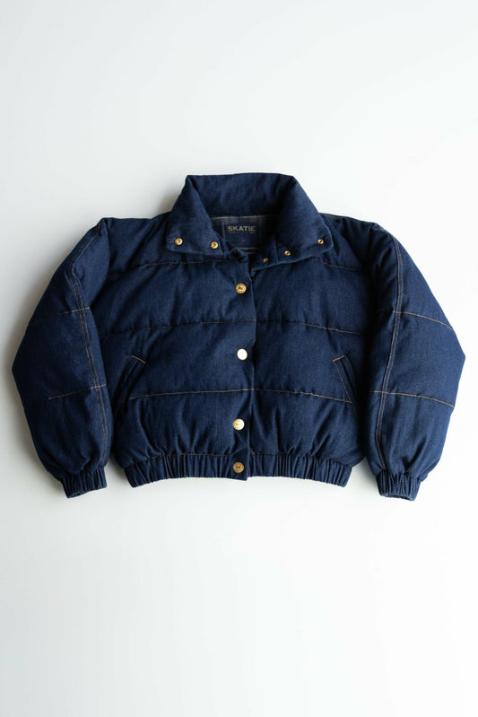 Skatie Denim Puffer Jacket in Raw Denim - Clothing