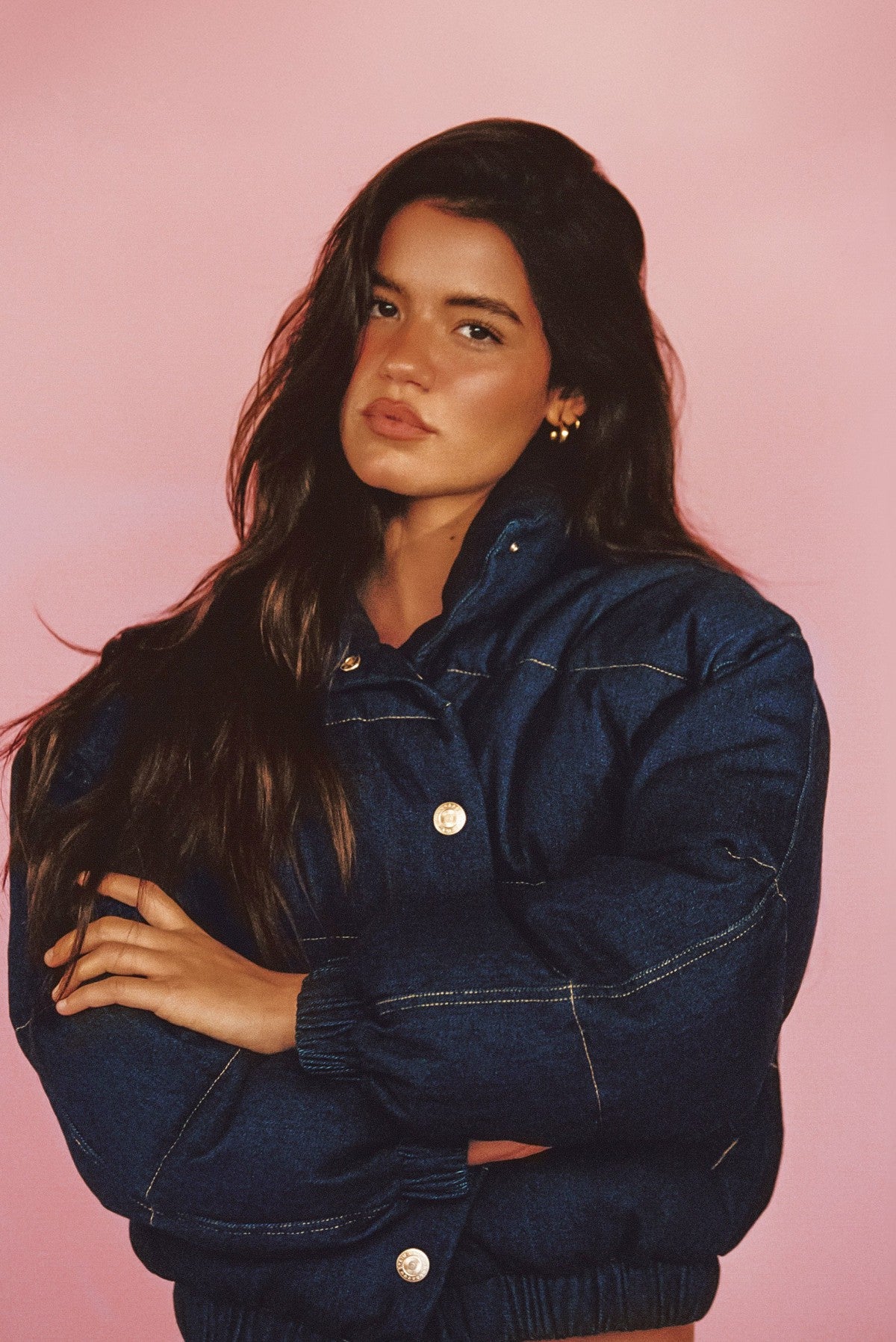 Skatie Denim Puffer Jacket in Raw Denim - Clothing