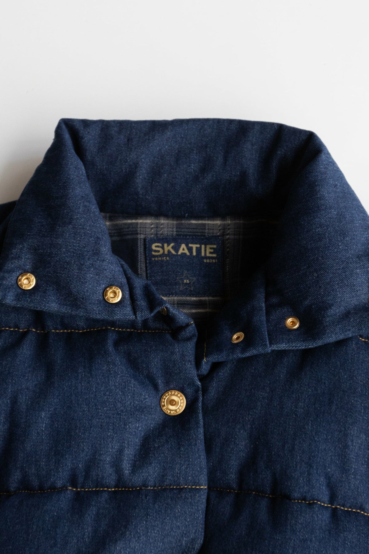 Skatie Denim Puffer Jacket in Raw Denim - Clothing