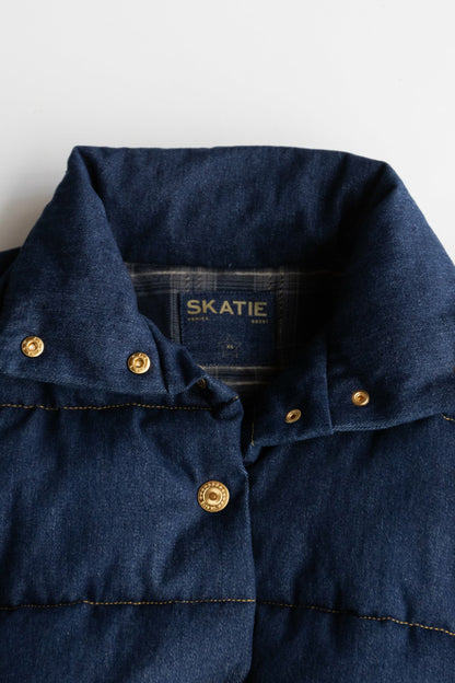 Skatie Denim Puffer Jacket in Raw Denim - Clothing