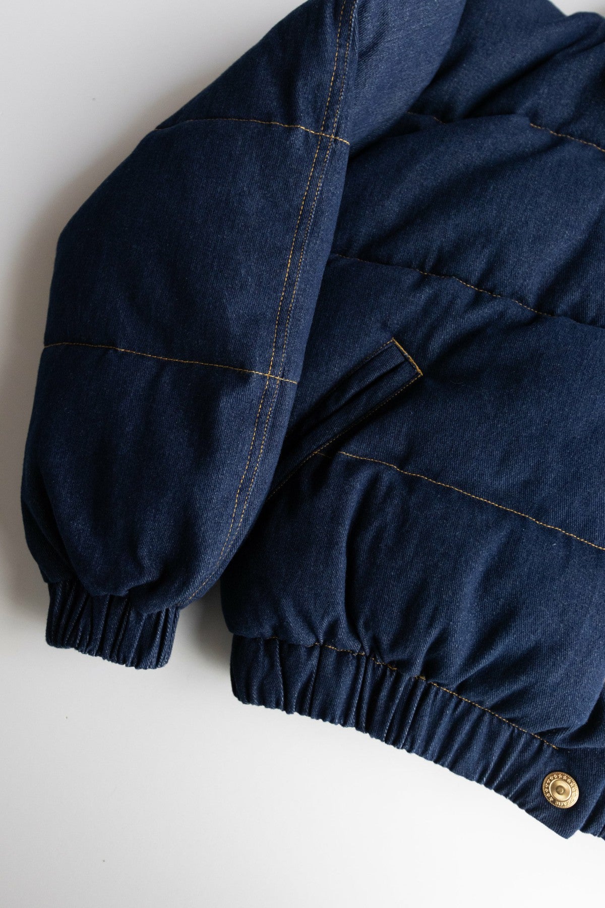 Skatie Denim Puffer Jacket in Raw Denim - Clothing