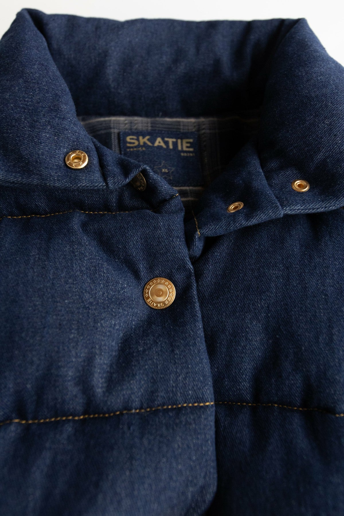 Skatie Denim Puffer Jacket in Raw Denim - Clothing