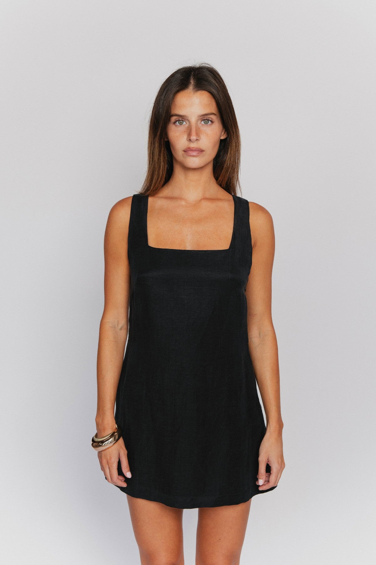 Skatie Icon Mini Dress in Black Linen - Wardrobe|Clothing