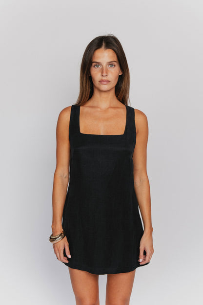 Skatie Icon Mini Dress in Black Linen - Wardrobe|Clothing