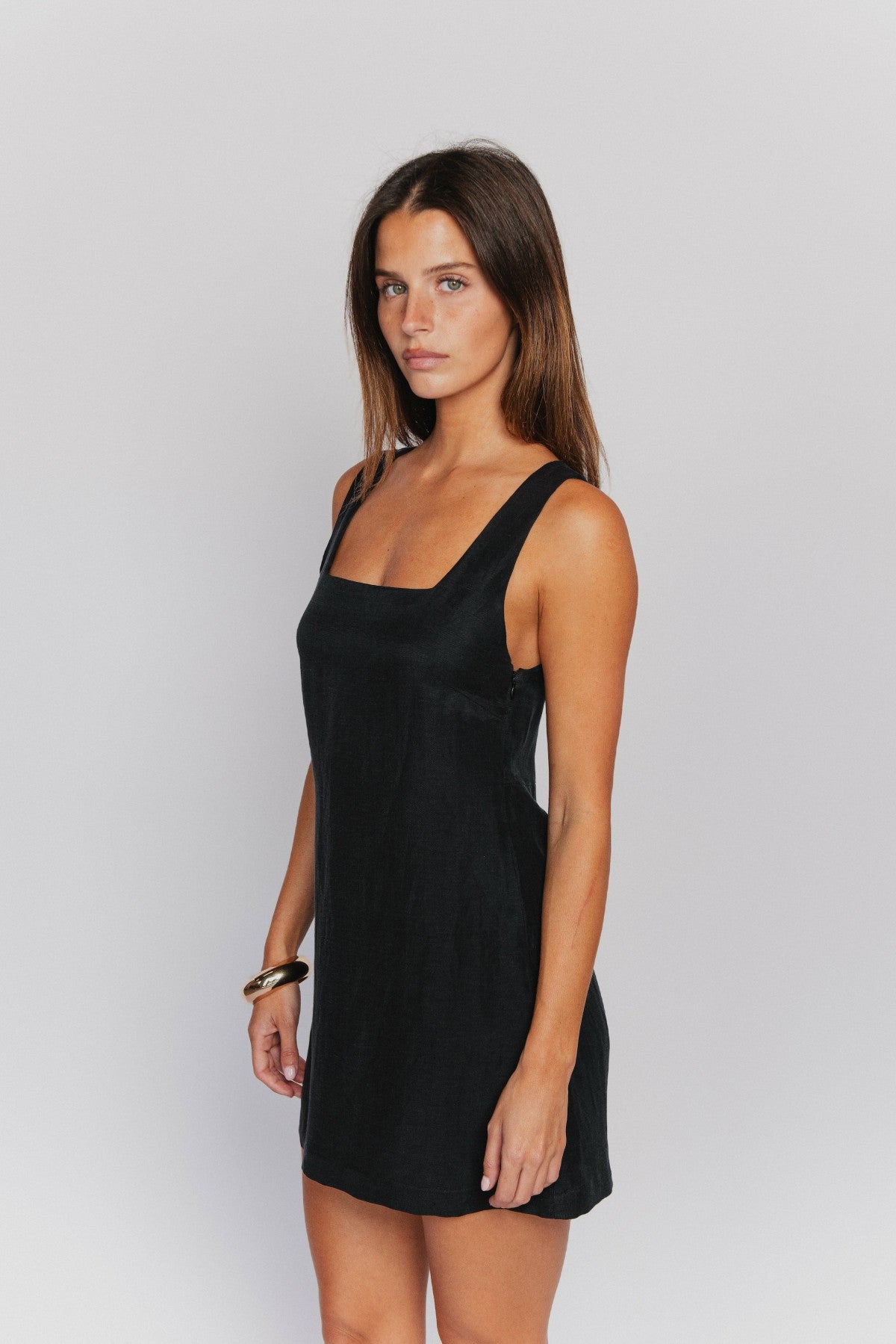 Skatie Icon Mini Dress in Black Linen - Wardrobe|Clothing