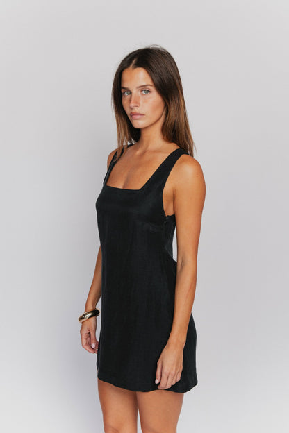 Skatie Icon Mini Dress in Black Linen - Wardrobe|Clothing