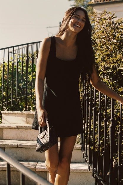 Skatie Icon Mini Dress in Black Linen - Wardrobe|Clothing