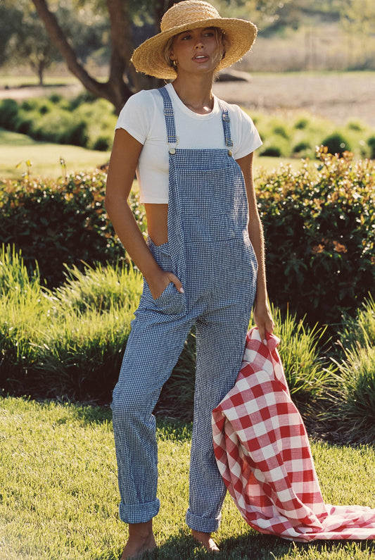 Skatie Poppy Full Length Overalls in Blue Gingham - Wardrobe|Sale