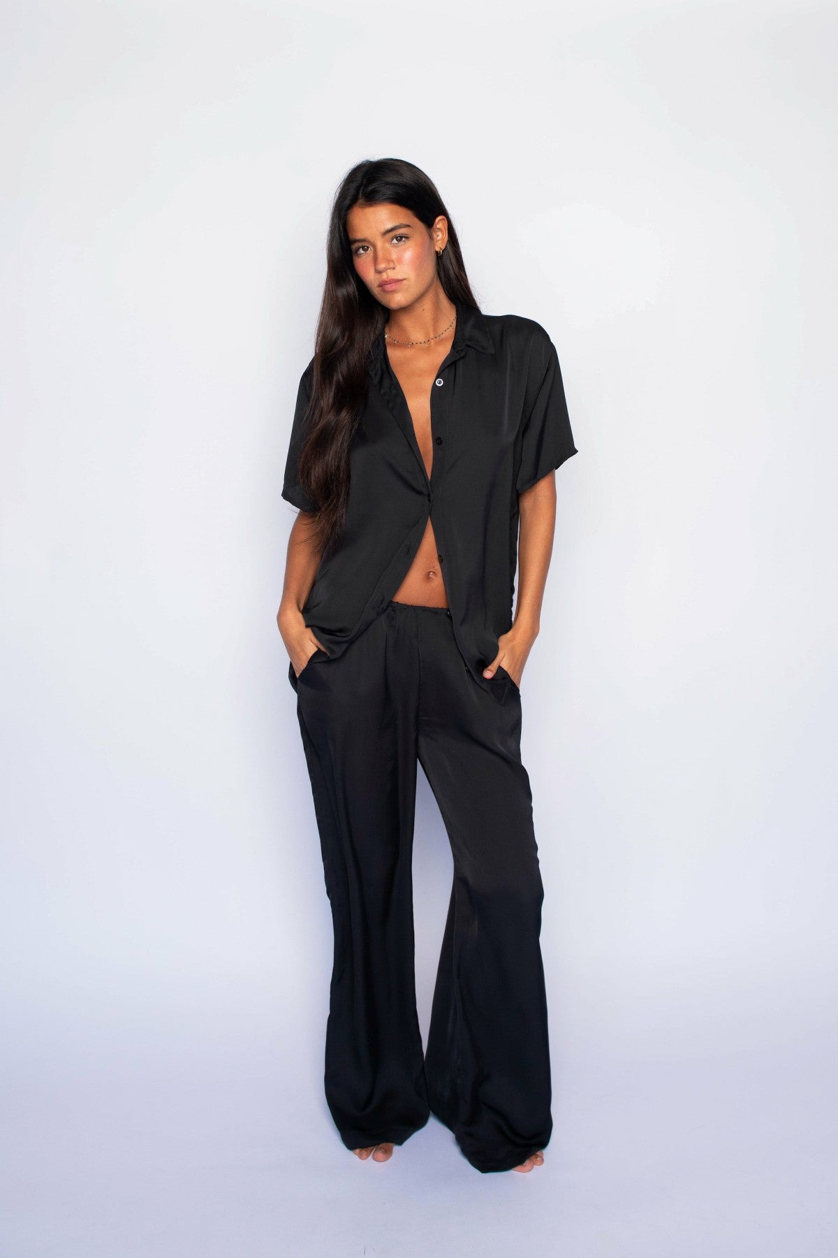 Skatie Chase Button Down Satin in Black - Sale|Swim|Clothing