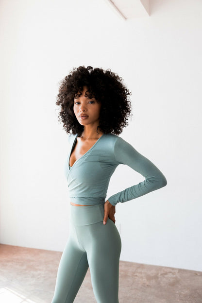 Skatie Danielle Wrap Top Jersey in Sage - Clothing