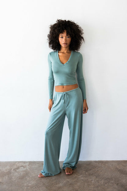Skatie Henley Top Baby Ribbed in Sage - Clothing