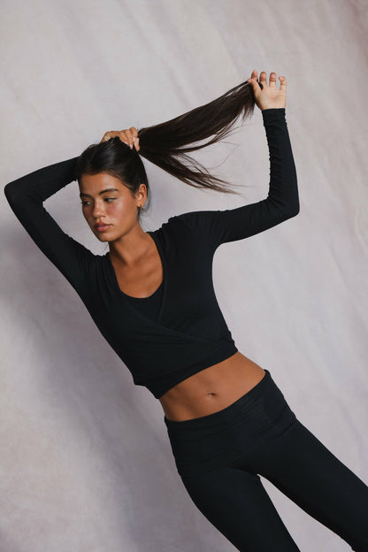 Skatie Margot Wrap Top Baby Ribbed in Black - Clothing