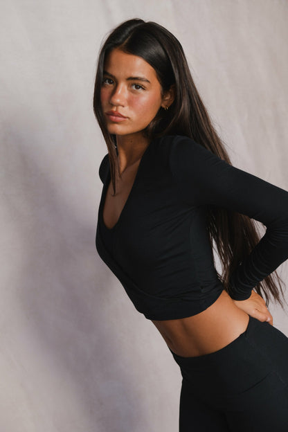 Skatie Margot Wrap Top Baby Ribbed in Black - Clothing