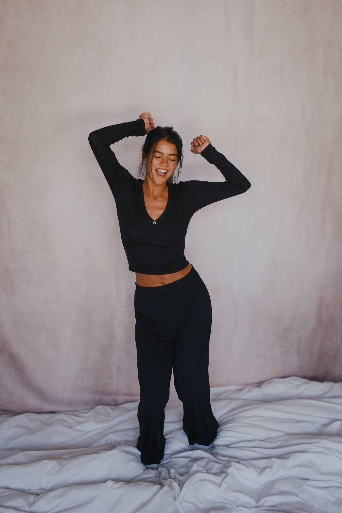 Skatie Henley Top Baby Ribbed in Black - Clothing