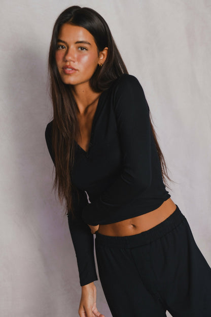 Skatie Henley Top Baby Ribbed in Black - Clothing