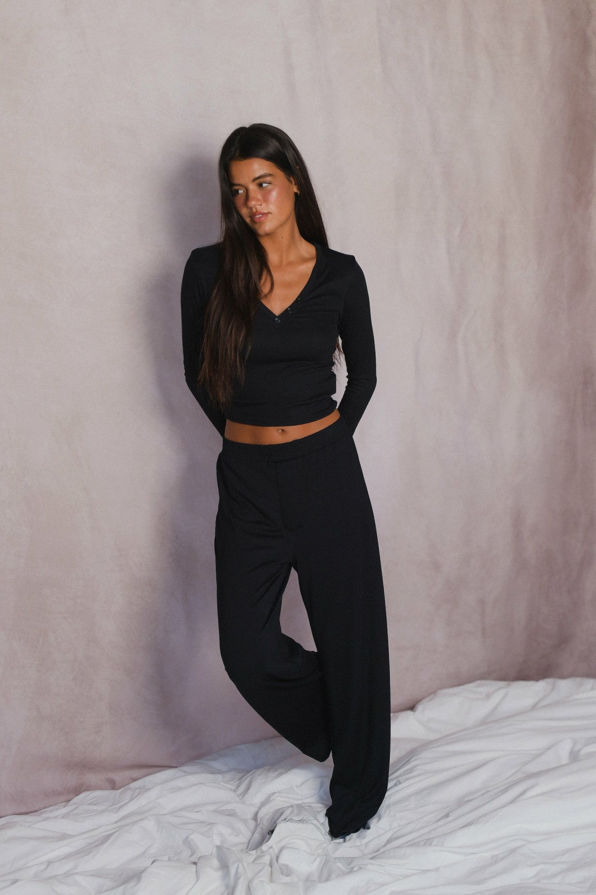 Skatie Henley Top Baby Ribbed in Black - Clothing